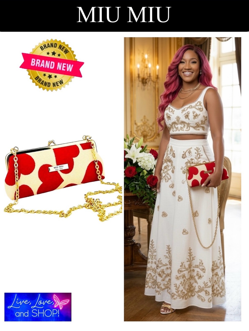 MIU MIU White w/Large Red Hearts Clutch /Bag / Pochette & Chain. Authentic. NIB